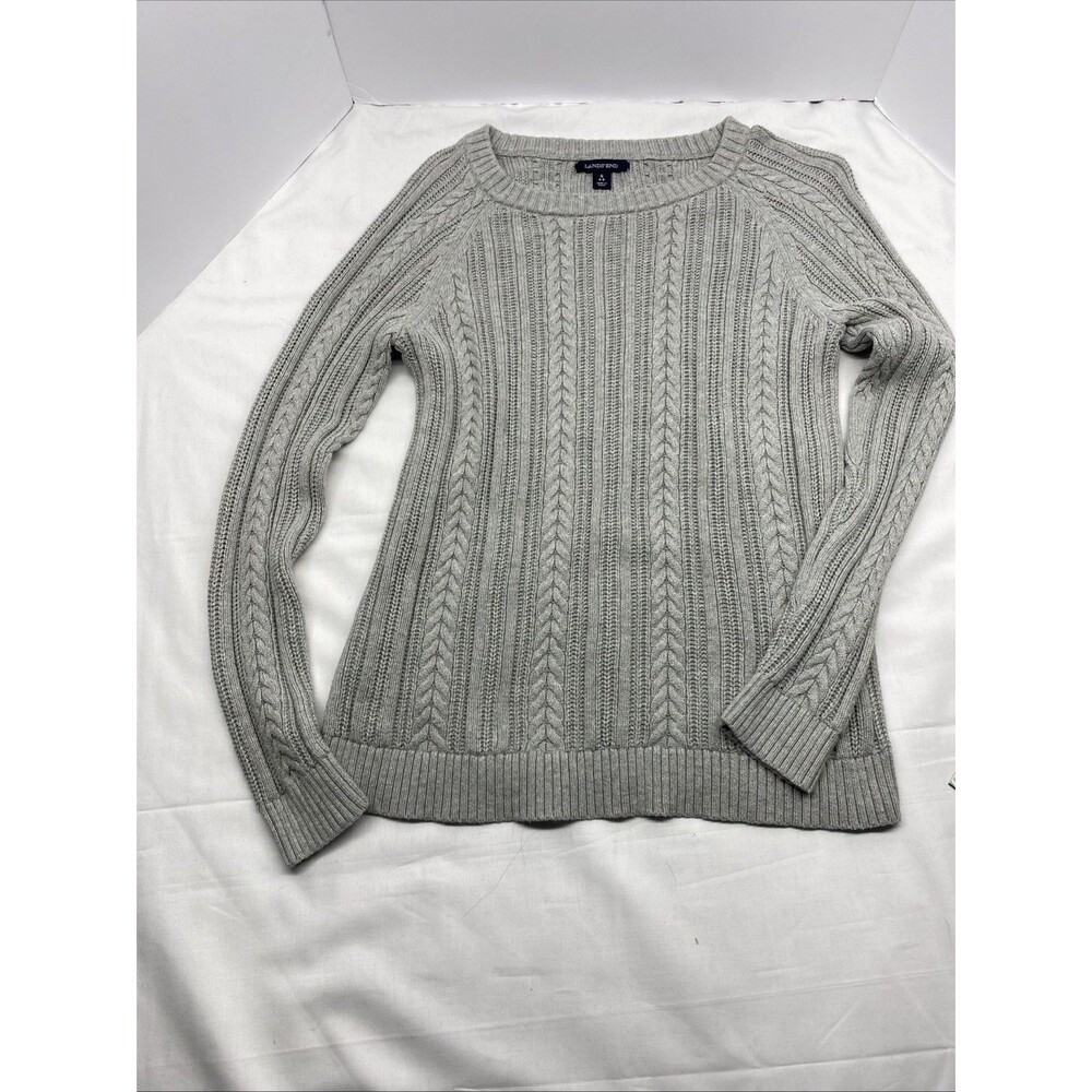 Lands' End Women's Small (6-8) Gray Cable Knit Sweater Cotton Blend Raglan